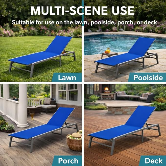 Kozyard Outdoor Foldable Lounge Chair, Aluminum Frame Patio Lounger with 5-Position Adjustable Backrest, Breathable Textilene Fabric, Assemble-Free, Reclining Full-Flat Poolside(Blue)