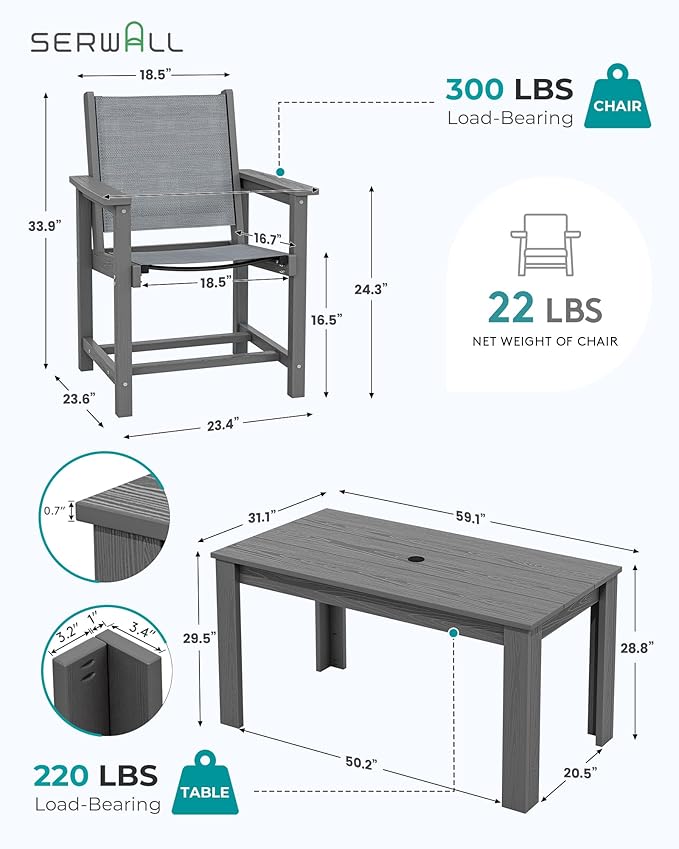 SERWALL 5 Piece Outdoor Dining Table Sets for 4 with 1 Umbrella Hole Cut-Out Rectangular Table and 4 Textilene Chairs, HDPE Dining Table Sets for Garden, Backyard, Poolside, Gray
