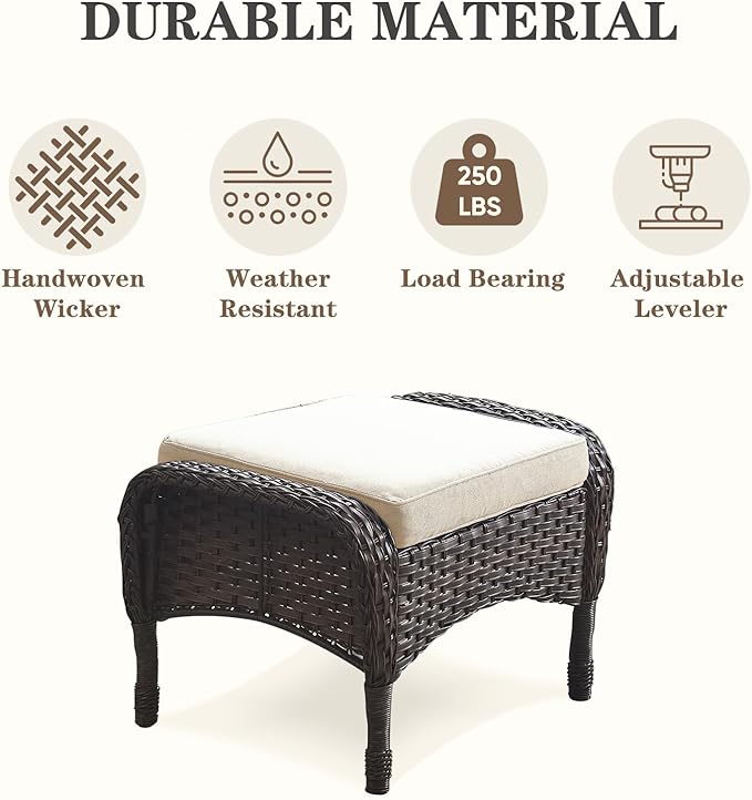 Belord Outdoor Ottomans for Patio Foot Rest - 25 Inch PE Wicker Foot Stool Set of 2 with Removable Cushions for Patio Furniture Sets,All Weather Rattan Ottoman for Balcony Deck Backyard Brown