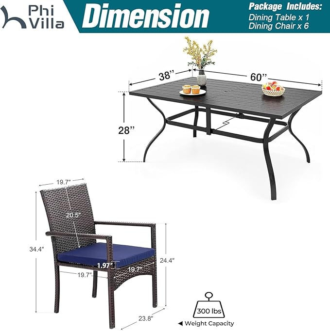 PHI VILLA 7 Piece Patio Dining Set for 6, Outdoor Slatted Metal Dining Table with Umbrella Hole & Cushioned Wicker Chairs for Patio, Deck, Yard, Porch