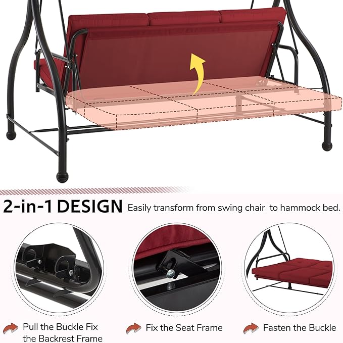 U-MAX Porch Swing Chair with Adjustable Backrest&Canopy, 3 Seat Patio Swing with Canopy 2-in-1 Convertible Outdoor Swing with Canopy Patio Daybed with Removable Burgundy Cushions