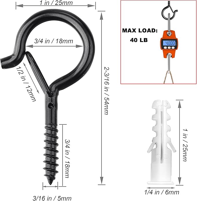 PlusRoc 60 Pack Ceiling Hooks for Hanging Plants Outdoor String Lights Heavy Duty, 2.2 Inch Eye Hook Screw in Cup Hooks Q-Hanger for Patio Lights, Wall Wood Fence Deck Mount(Black)