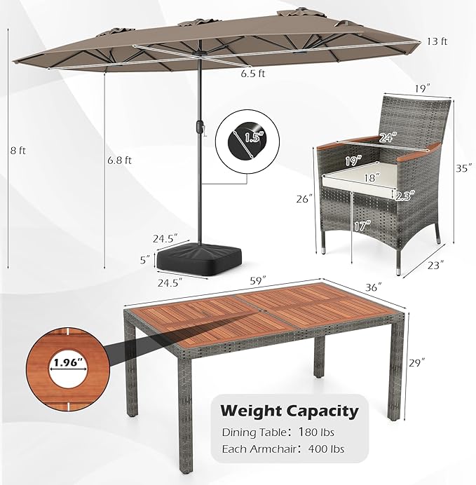 Tangkula 9 Piece Rattan Outdoor Dining Set with 13Ft Umbrella for 6, Outdoor Wicker Table Set with 6 Cushioned Armchairs, Acacia Wood Top, Outdoor Umbrella & with Base Included