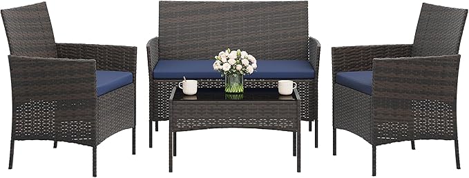 GAOMON 4-Piece Patio Furniture Set, Modern PE Rattan Conversation Set with 2 Chairs, Loveseat & Tempered Glass Coffee Table, All-Weather Outdoor Seating for Garden, Porch, Balcony, Poolside