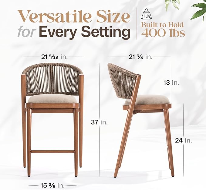 IDZO 400lbs Capacity Counter Stools Set of 2, 24 Inches Counter Height Bar Stools with Cushions, Durable Rope Design, Ergonomic Backrest for Indoor and Outdoor Comfort, Easy Assembly for Any Space