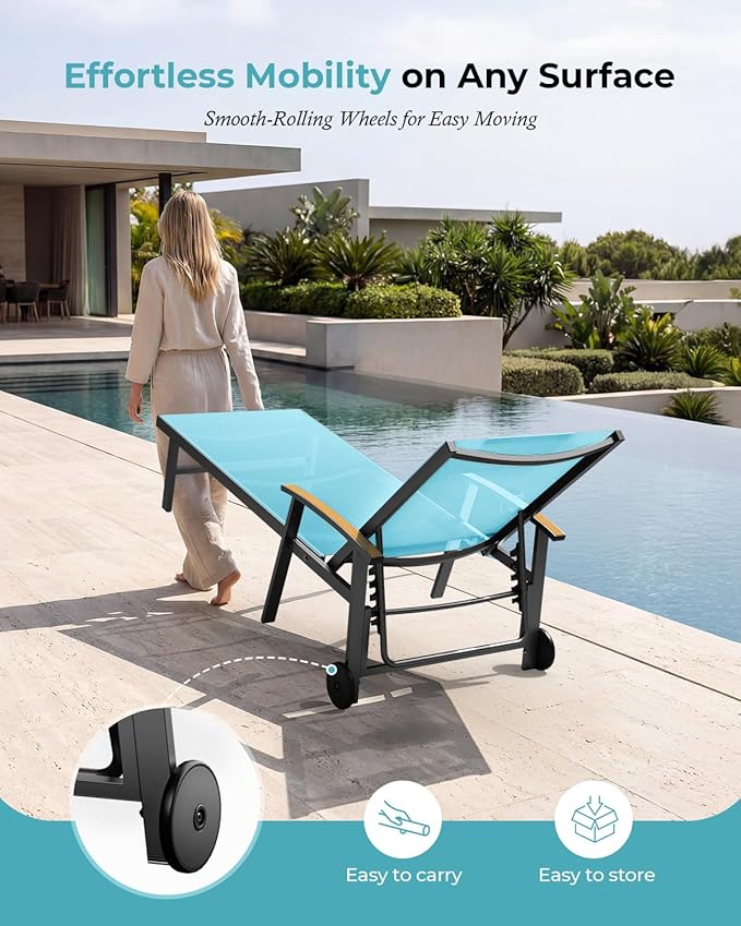 Ciokea Outdoor Lounge Chair with Pillow Set of 4, 5-Position Chaise Lounge with Wheels & Armrests, 400 lbs Heavy Duty Aluminum Pool Lounge Chairs, for Beach, Deck, Poolside & Backyard, Lake Blue