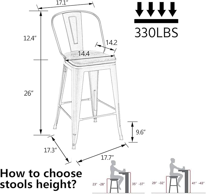 Alunaune 26" Swivel Metal Bar Stools Set of 4 High Back Counter Height Barstools Industrial Dining Bar Chairs with Large Wooden Seat-Matte Black