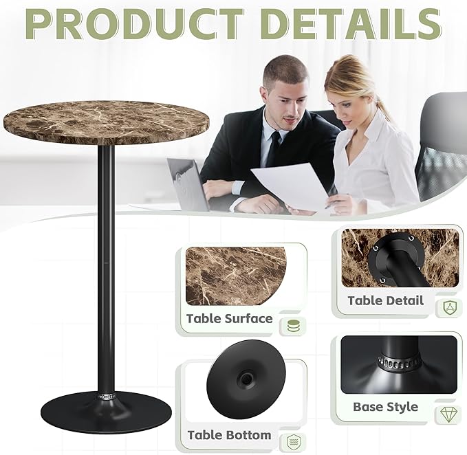 Flamaker Round Bistro Pub Table Modern Style Metal Base MDF Top Cocktail Bar Table Counter Bar Height for Pub, Dining Room, Party (4, Marble-Black)