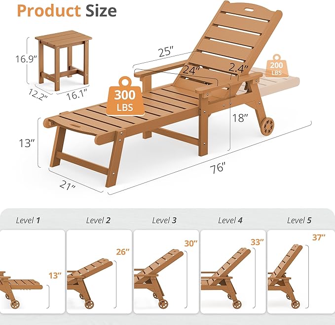LUE BONA Chaise Lounge Chairs Set with Table, 3-Piece, 79'' Oversized HDPS Chaise Lounger, 5 Positions Adjustable Lounge Chairs, Pool Lounge Chair with Wheels for Poolside, 3 Year Warranty, Teak Color