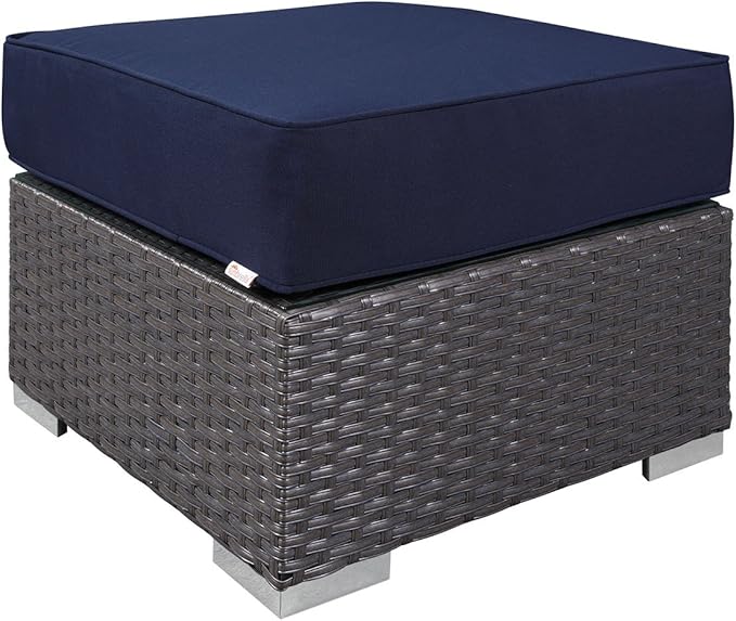 Modway Sojourn Wicker Rattan Outdoor Patio Sunbrella Fabric Ottoman in Canvas Navy