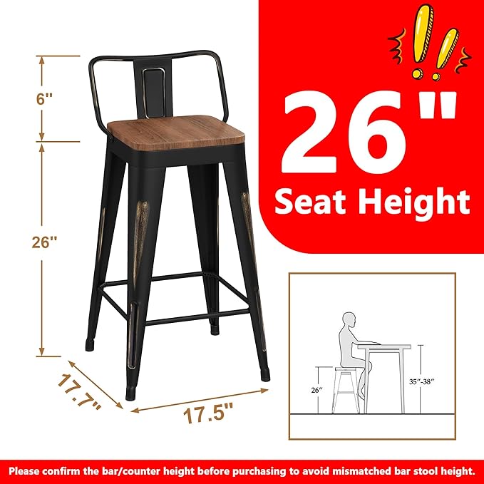WENTMENT Bar Stools Set of 4 Counter Height Bar Stools Metal Barstools with Removable Back 26" Kitchen Bar Stools with Wooden Seat, Distressed Black
