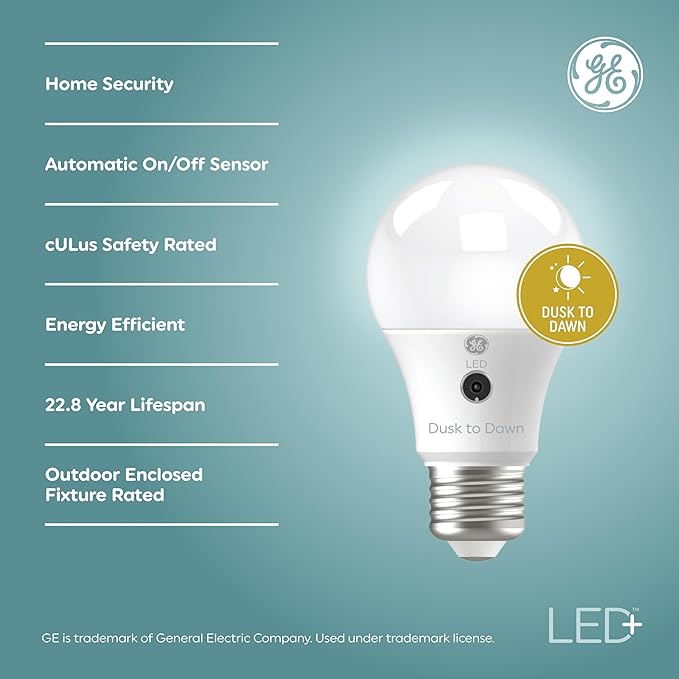 GE LED+ Dusk to Dawn A19 LED Light Bulbs, Automatic On/Off Outdoor Light, Daylight, 8.5W (3 Pack)