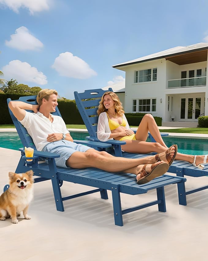 Carauci Lounge Chair Outdoor Set of 4, HDPE Chaise Lounge with Wheels, 5-Position Adjustable Backrest & 2 Cup Holders Patio Lounge Chair, All-Weather Pool Sun Lounger for Poolside, Backyard, Blue