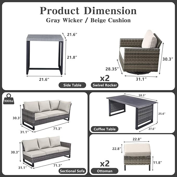 Belord Patio Sectional Furniture Set with Coffee Table: 8 Pieces Wicker Patio Conversation Set with L Shaped Sofa, Outdoor Swivel Glider Rocker, Rattan Ottomans, Removable