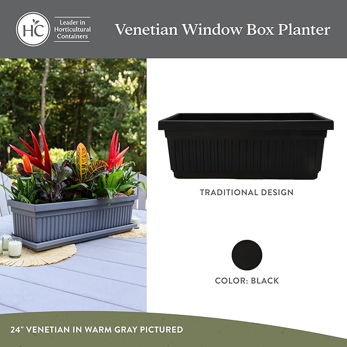 The HC Companies Venetian Window Planter Box w/Drain Plug - Long Planter Box for Windowsills, Balconies & More - Plastic Large Rectangular Outdoor Planters for Herbs & Flowers (30" Black, Pack of 1)