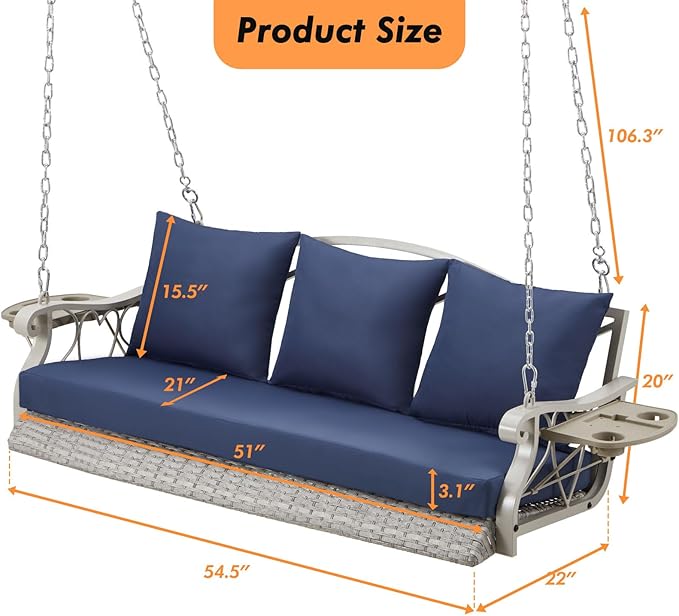 Heavy Duty 900 LBS Porch Swing Chair 3-Person Outdoor Rattan Patio Swing Lounge w/Cup-Holder & Steel Chains Wicker Hanging Bench Porch Swing Cushions for Deck & Backyard & Garden