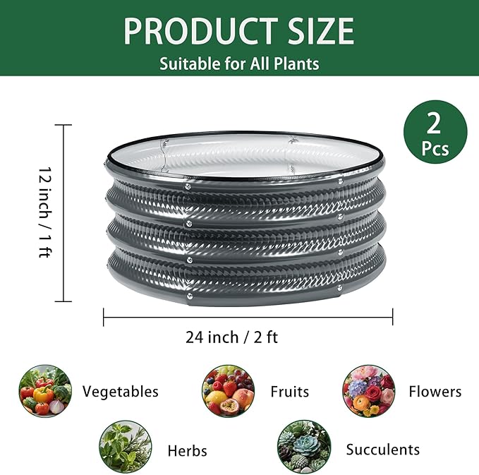2 Pcs 2x2X1 FT Round Galvanized Raised Garden Bed Kit, Black Outdoor Planter Garden Bed, Metal Raised Box for Vegetables, Fruits, Flowers & Herbs
