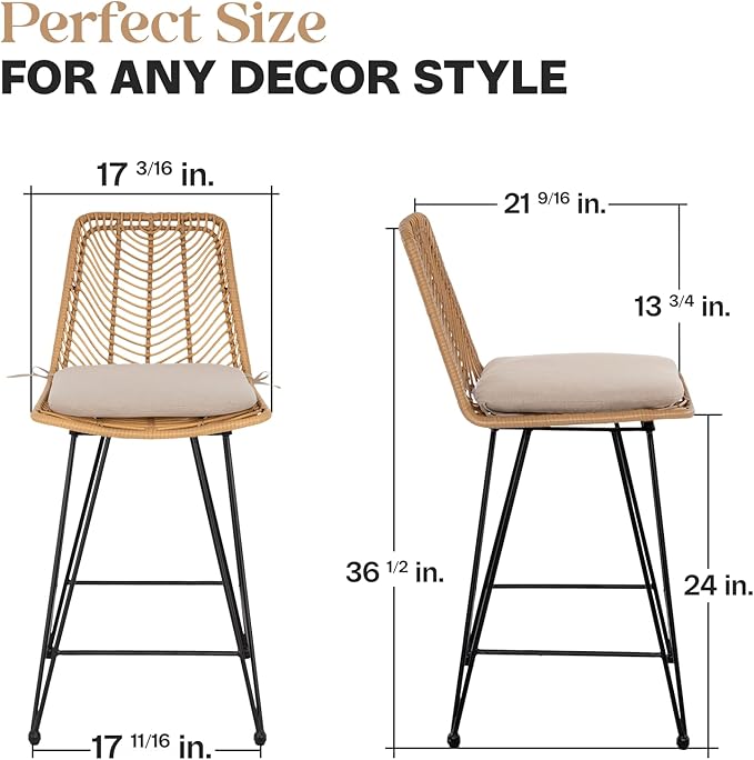 IDZO Set of 2 Rattan Counter Stools, 24" Height, 400lbs Capacity, Cushioned Seats, Steel Frame, for Indoor and Outdoor Use, Suitable for Patio, Bar, or Kitchen Island