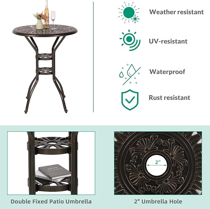 VIVIJASON 3-Piece Outdoor Swivel Bar Stools Set, All Weather Cast Aluminum Patio Bar Height Bistro Set with 2 Cushioned Bar Chairs & 31" High Bar Table w/Umbrella Hole for Backyard, Lawn, Garden