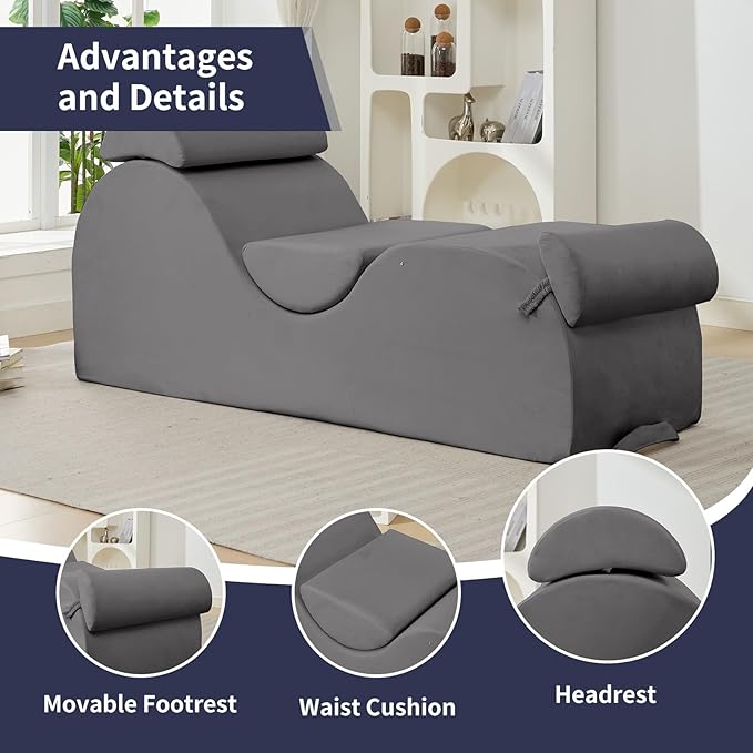 ijuicy Chaise Lounge Chair for Exercise, Indoor Lounger with Headrest, Waist Cushion, Movable Footrest, Side Pockets, Non-Slip Bottom - Yoga Chair with High Density Sponge, Light Grey