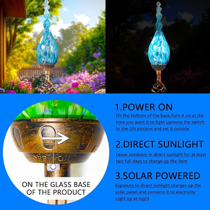 Solar Garden Lights Outdoor, Decorative LED Flame Garden Stakes, Hand Blown Glass and Outdoor Waterproof Glass Stakes (Light Blue)
