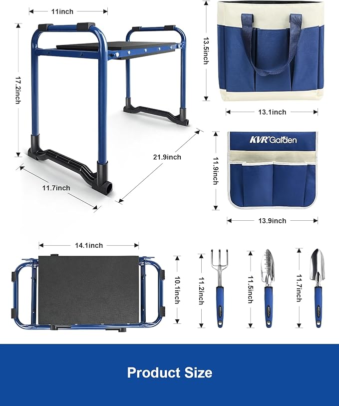KVR Garden Kneeler and Seat Set 7-Piece Upgraded - Heavy Duty Foldable Bench & Stool with 3 Aluminum Tools, 2 Non-Slip Pouches & Tote Bag - Gardening Chair Gifts for Seniors, Women, Mom