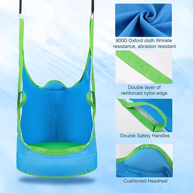 Upgraded Kids Pod Swing Chair,Child Hanging Hammock Chair with Led Lights,900D Oxford Cloth Pod Swing Seat for Indoor and Outdoor with All Accessories (Blue)