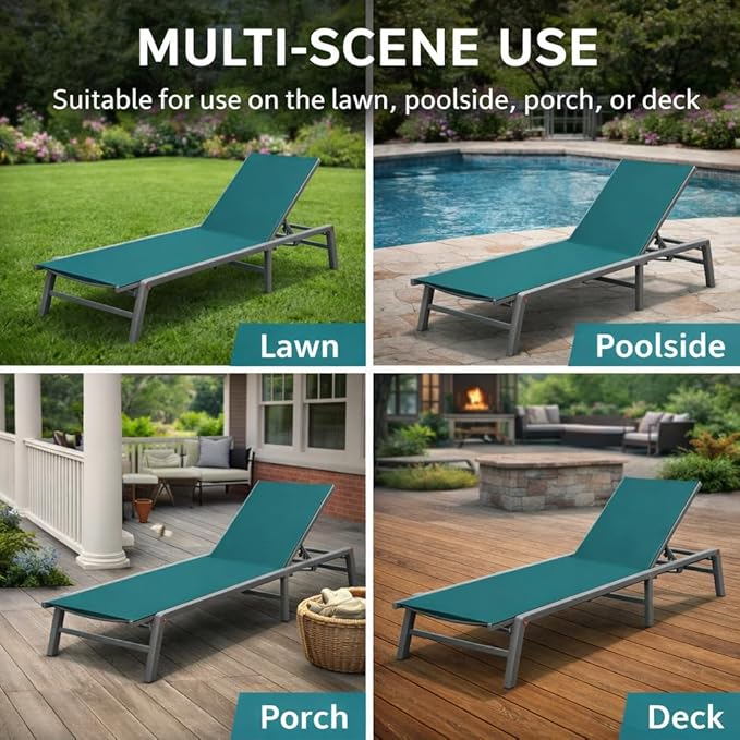 Kozyard Outdoor Foldable Lounge Chair, Aluminum Frame Patio Lounger with 5-Position Adjustable Backrest, Breathable Textilene Fabric, Assemble-Free, Reclining Full-Flat Poolside(MintGreen, Notable)
