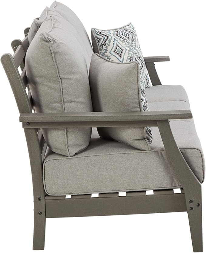 Signature Design by Ashley Visola Outdoor Patio Sofa with All-Weather Cushion and 2 Throw Pillows, Cleanable Performance Fabric, 19.88" Seat Height, Gray