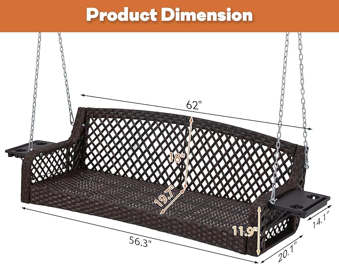 3 Seat Porch Swing, Wicker Patio Swing with Cup Holders & 3 Back Cushions, Yard Swing with Chains for Deck Garden Backyard,Brown Seagrass Rattan, Lake Blue Cushion, 56-inch