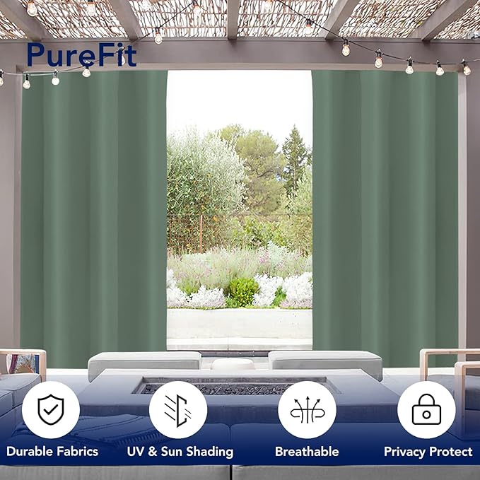 PureFit Outdoor Curtains for Patio Waterproof Weatherproof, UV Resistant Outside Curtains for Gazebo, Front Porch, Pergola, Sun Blocking Privacy Curtain, 52W x 84L inch, 1 Panel, Sage Green