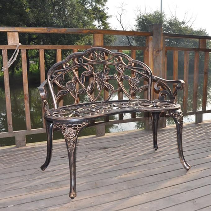 38.5" Outdoor Garden Bench, Patio Furniture Cast Aluminum Outdoor Bench with Rose Backrest, Weather Proof Patio Park Chair with Antique Style for Park, Porch, Pool, Backyard