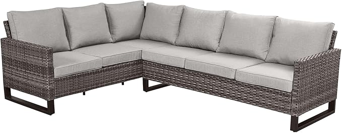 Belord Outdoor Sectional Sofa 6 Seater L Shaped Couch Wicker Patio Conversation Furniture Set Rattan Outdoor Furniture with Removable Washable Cushion Beige