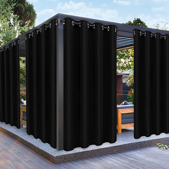 PureFit Outdoor Curtains for Patio Waterproof Weatherproof, UV Resistant Outside Curtains for Gazebo, Front Porch, Pergola, Sun Blocking Privacy Curtain, 52W x 108L inch, 1 Panel, Black