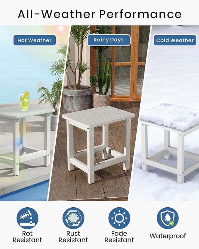 Weatherproof Outdoor Side Table, HDPE Small Outdoor Table for Adirondack, 16.6-Inch Patio Square End Tables for Garden, Backyard, Porch, Deck, Balcony, Poolside (White)