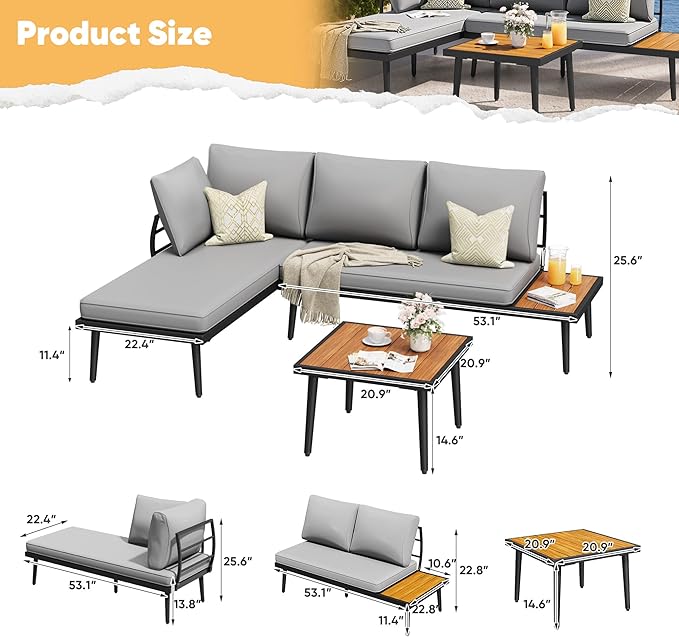 Greesum Outdoor Sectional Sofa Set L-Shaped Metal Patio Furniture with All-Weather Cushions and Built-in Side Coffee Table for Garden, Lawn, Backyard, Poolside, Gray