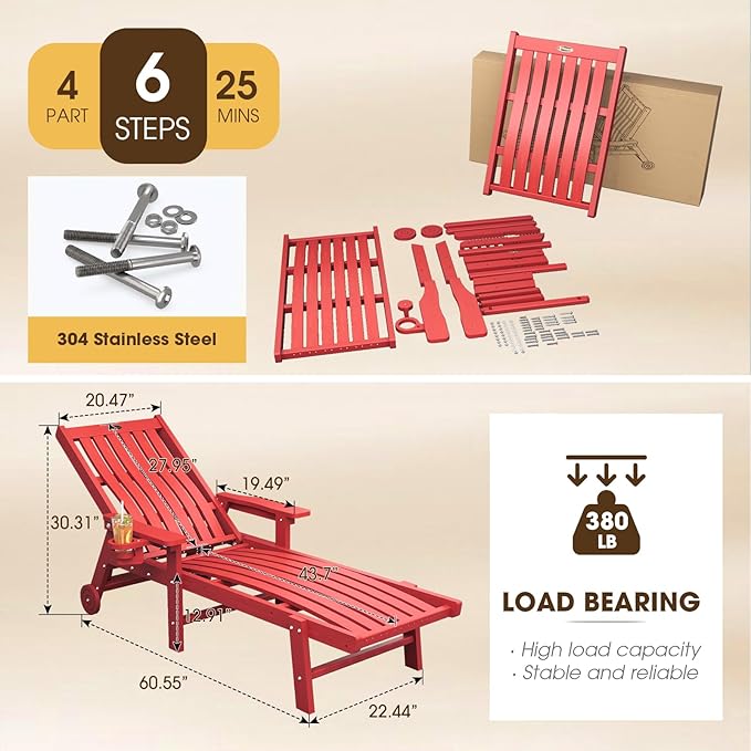 Patio Chaise Lounge Chair Set of 4, Oversized Lounge Chair Outdoor with 5 Positions, HDPE, Patio Lounge Chair with Wheels & Cup Holder for Pool, Deck, Poolside,Red