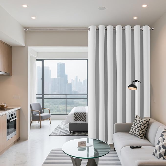 Joydeco Blackout Patio Sliding Door Curtains 108 Inches Long, Grommet Privacy Room Divider Curtains, Extra Wide Thermal Blackout Drapes for Bedroom Living Room (Greyish White 100Wx108L, 1 Panel)