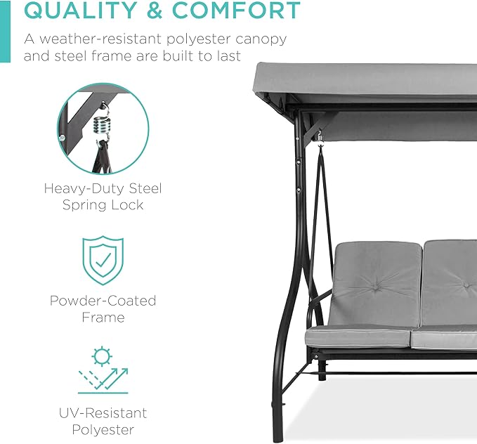 Best Choice Products 3-Seat Outdoor Large Converting Canopy Swing Glider, Patio Hammock Lounge Chair for Porch, Backyard w/Flatbed, Adjustable Shade, Removable Cushions - Fog Gray