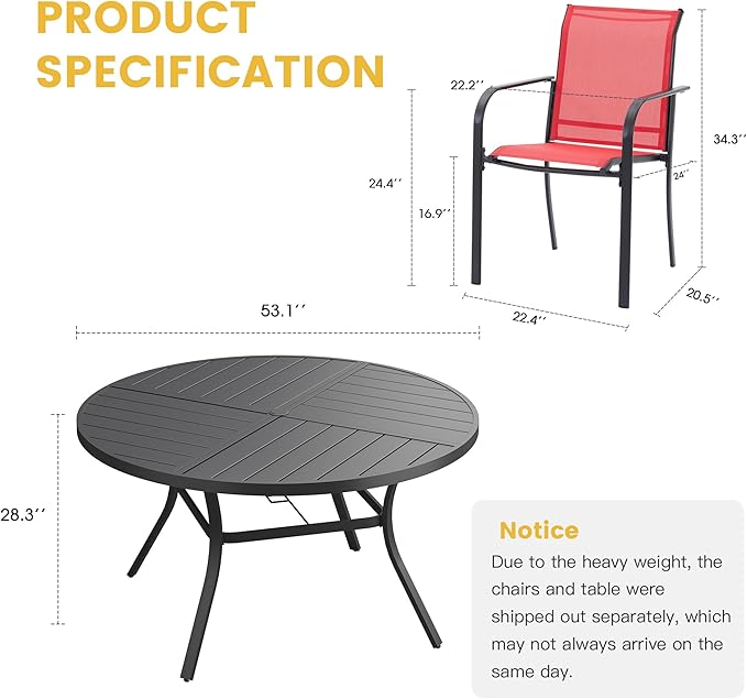 VICLLAX Patio Table and Chair Set of 8, All Weather Metal Round Outdoor Dining Furniture Set-53 Round Outdoor Table and Chairs, Black Tabletop