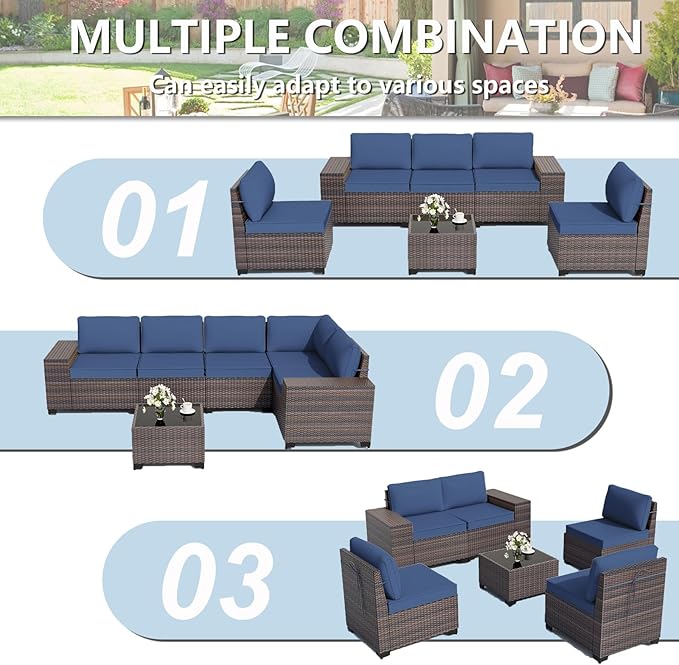 ALAULM 6 Pieces Patio Furniture Set, Oversized Seat/Armrest and High Back Wicker Sectional Furniture Set with Thick Cushion for Backyard, Garden, Navy Blue