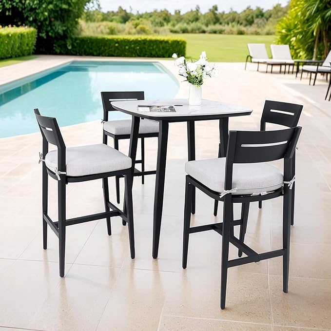 Modern 5PCS Outdoor Patio Bar Set, Rounded Square 35.4'' Sintered Stone Table & 4 Aluminum Bar Stools, Ember Black, Greek White Marble-Inspired Top, Tapered Legs, Weather-Resistant