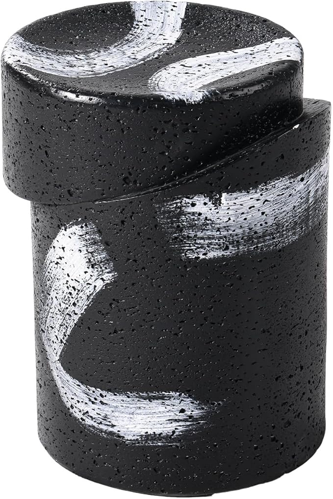 COSIEST Outdoor Side Table Black, Cylinder Shaped MgO Concrete Side Table, Lightweight Accent Table w Scrawl Patio End Table, Round Plant Stand for Garden and Deck