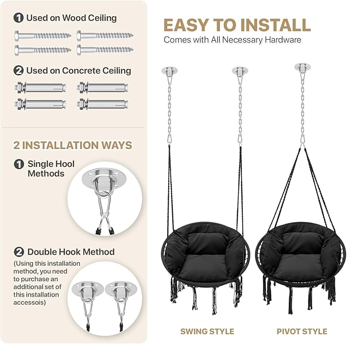 Monibloom Hanging Hammock Chair W/Large Padded Cushion, Macrame Swing Chair for Porch, Max 350 Lbs Capacity Hanging Swing for Adults & Teens, Comfy Hammock for Bedroom Relaxing Reading Napping, Black