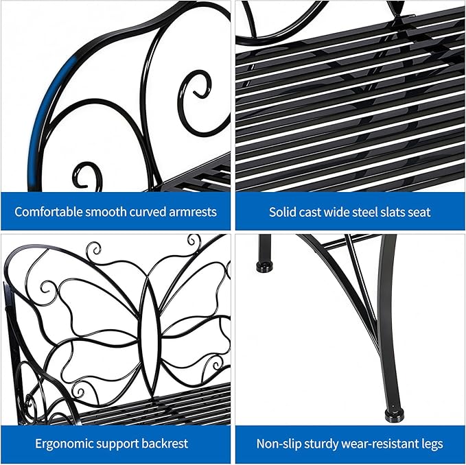 HLC Outdoor Bench Outdoor Sturdy Rust-Resistant Bench Butterfly Cast Iron with Armrests Park,Yard, Patio, Porch, Lawn Double Seats