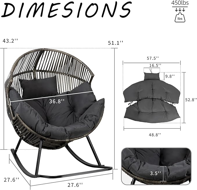 Shintenchi Wicker Egg Chair,Oversized Outdoor Indoor Rocking Chair,Large PE Rattan Rocking Chair with Cushion for Patio, Balcony, Backyard, Garden,Deep Grey