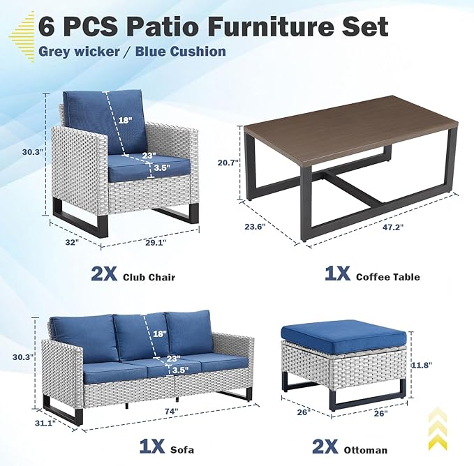 Belord 6 Piece Outdoor Furniture Patio Wicker Sofa Set, Oversize Outdoor Dining Chairs with Rattan Ottomans, Conversation Sets Patio Furniture Come with Removable Cushion Blue, Light Grey