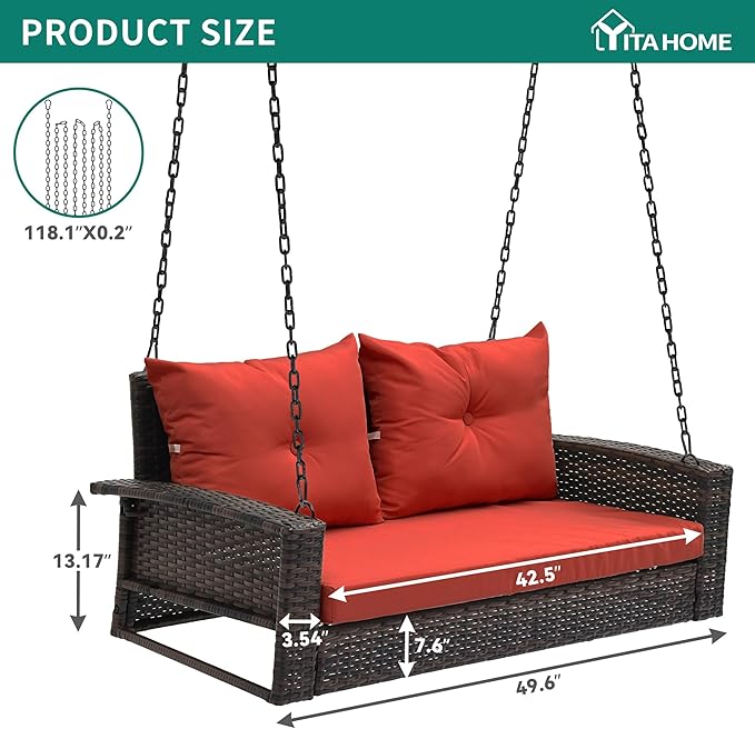 YITAHOME Wicker Hanging Porch Swing Chair Outdoor Brown Rattan Patio Swing Lounge w/ 2 Back Cushions Capacity 530lbs for Garden, Balcony, Living Room, Red