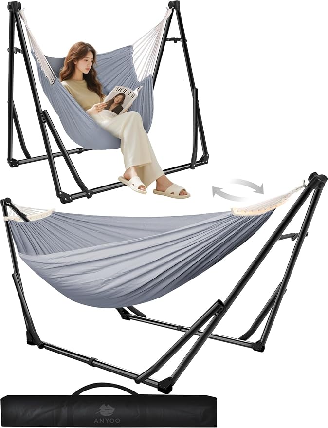 Anyoo 2 in 1 Hammock and Swinging Chair with Collapsible Steel Stand & Carrying Case,Portable & Adjustable,Easy Set Up for Outdoor,Indoor,Patio,Garden,Camping Trip