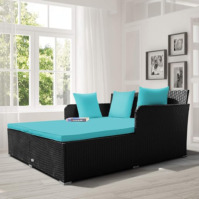 COSTWAY Outdoor Patio Rattan Daybed, Sponge Cushioned Loveseat Sofa with 4 Pillows, Wicker Furniture Sunbed for Balcony, Courtyard (Turquoise)